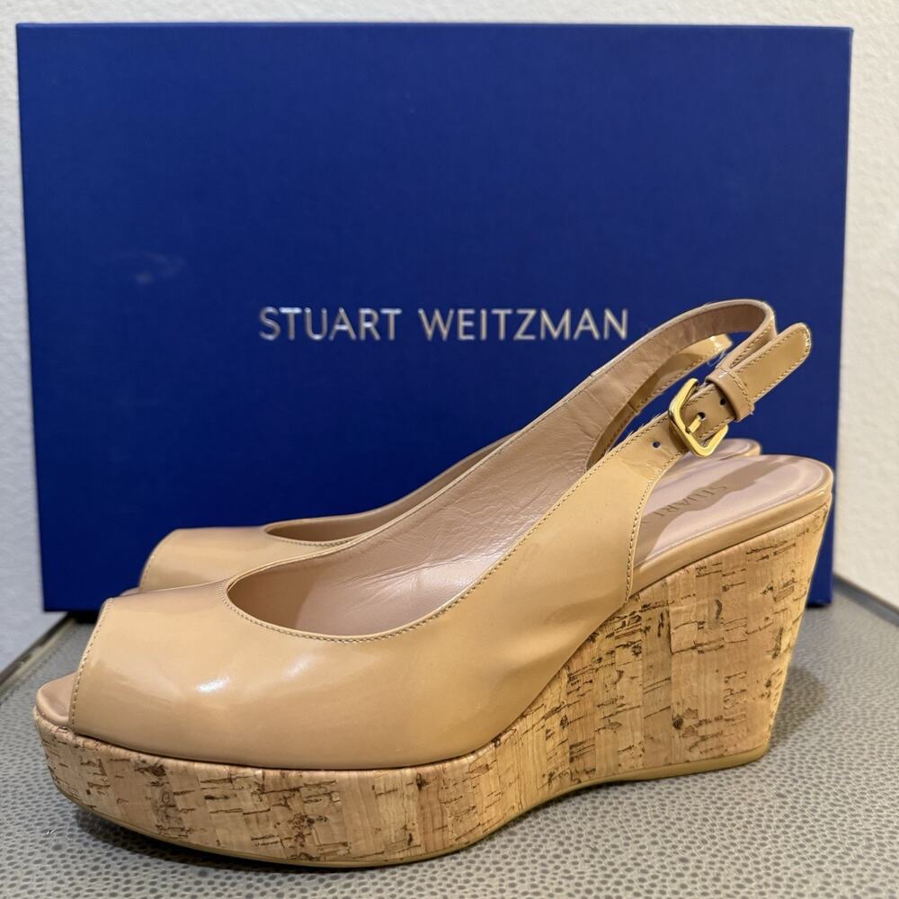 STUART WEITZMAN AUTH $399 Women Beige Patent Leather Jean Wedge Sandals Size 9 M - Picture 14 of 16